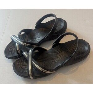 Crocs Dual Confort Meleen Black Silver Cross Band Sling Back Sandals Size 11 EUC